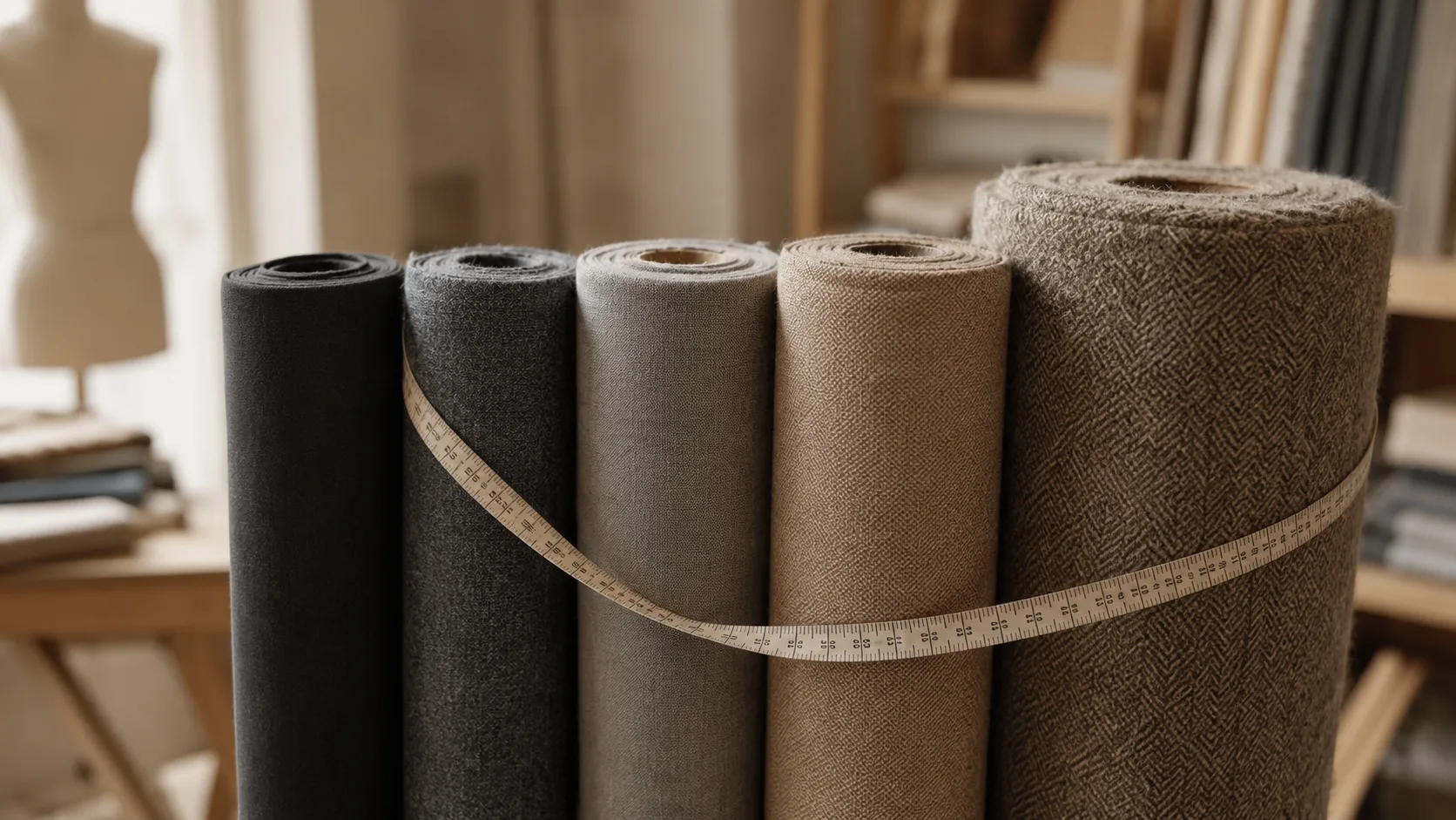 Bolts of wool and poly-blend suiting fabric of different thicknesses standing together with a cloth tape measure draped over them
