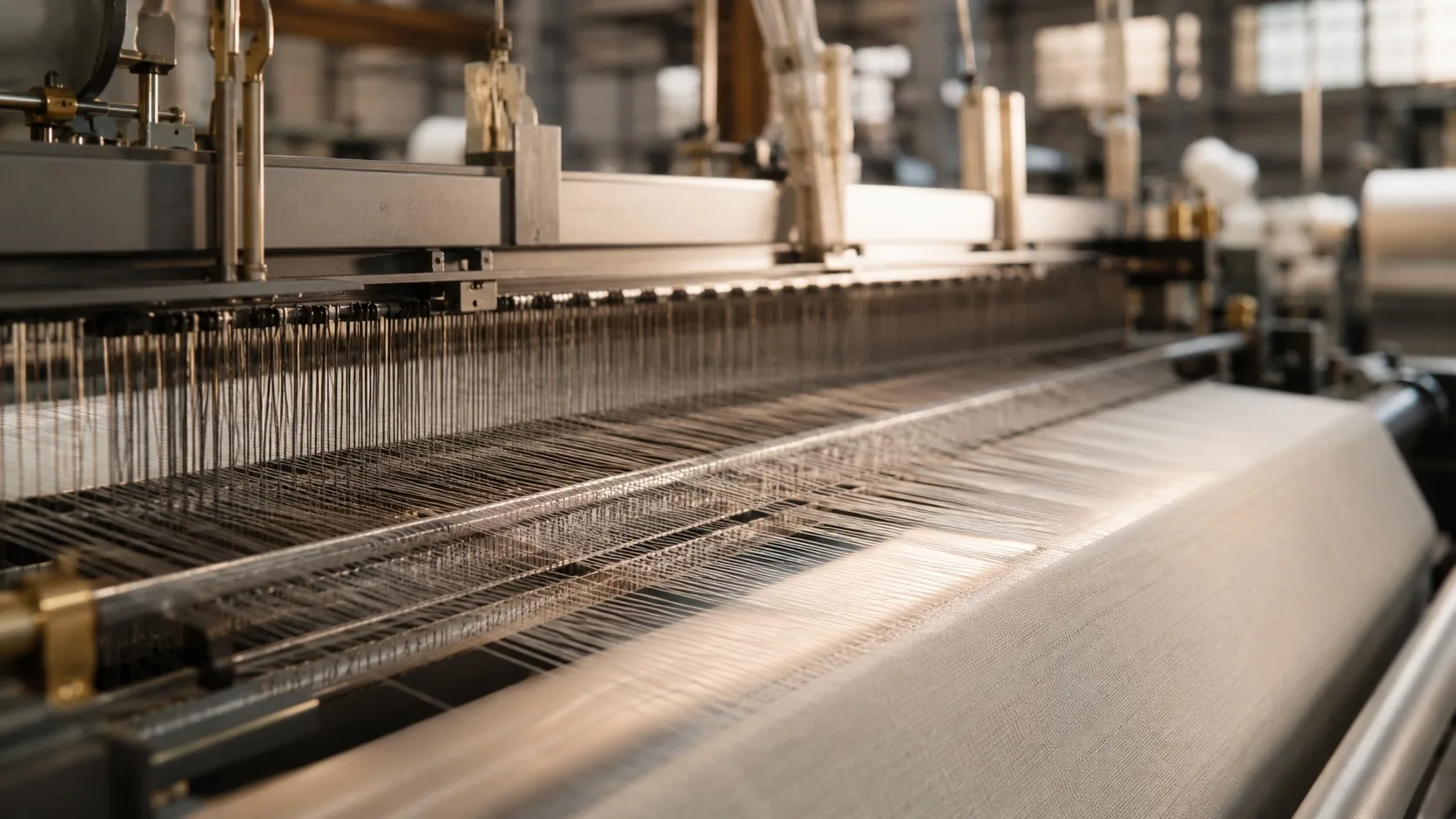 Fine warp threads running toward the woven cloth on an industrial loom in a Keqiao textile mill
