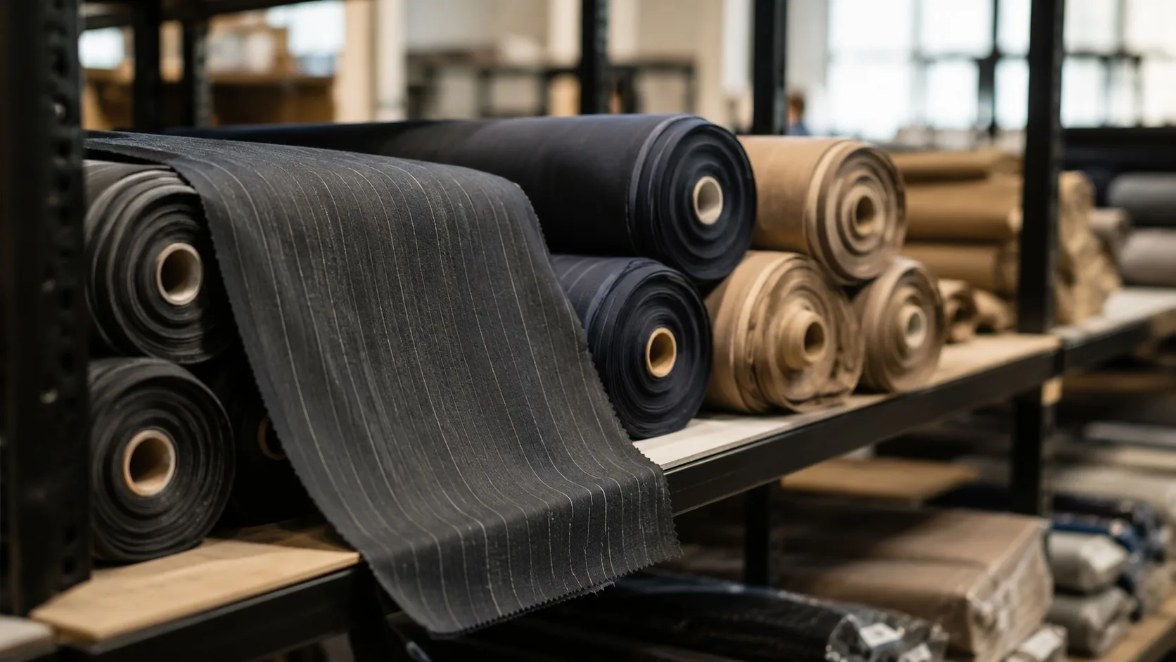 Rolls of finished suiting fabric stacked on a shelf, one partly unrolled to show a yarn-dyed pinstripe weave