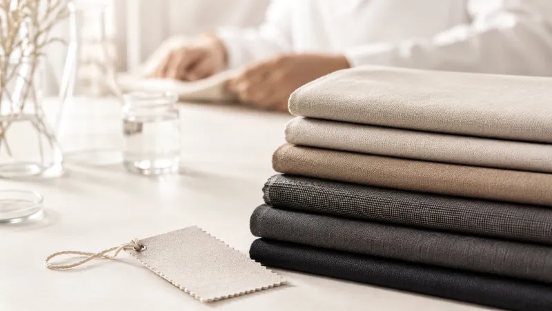 Folded suiting fabric swatches beside a fabric sample tag