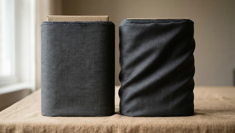 Two bolts of suiting fabric stood side by side, a matte poly-rayon twill and a finer worsted wool, showing the contrast in surface and drape