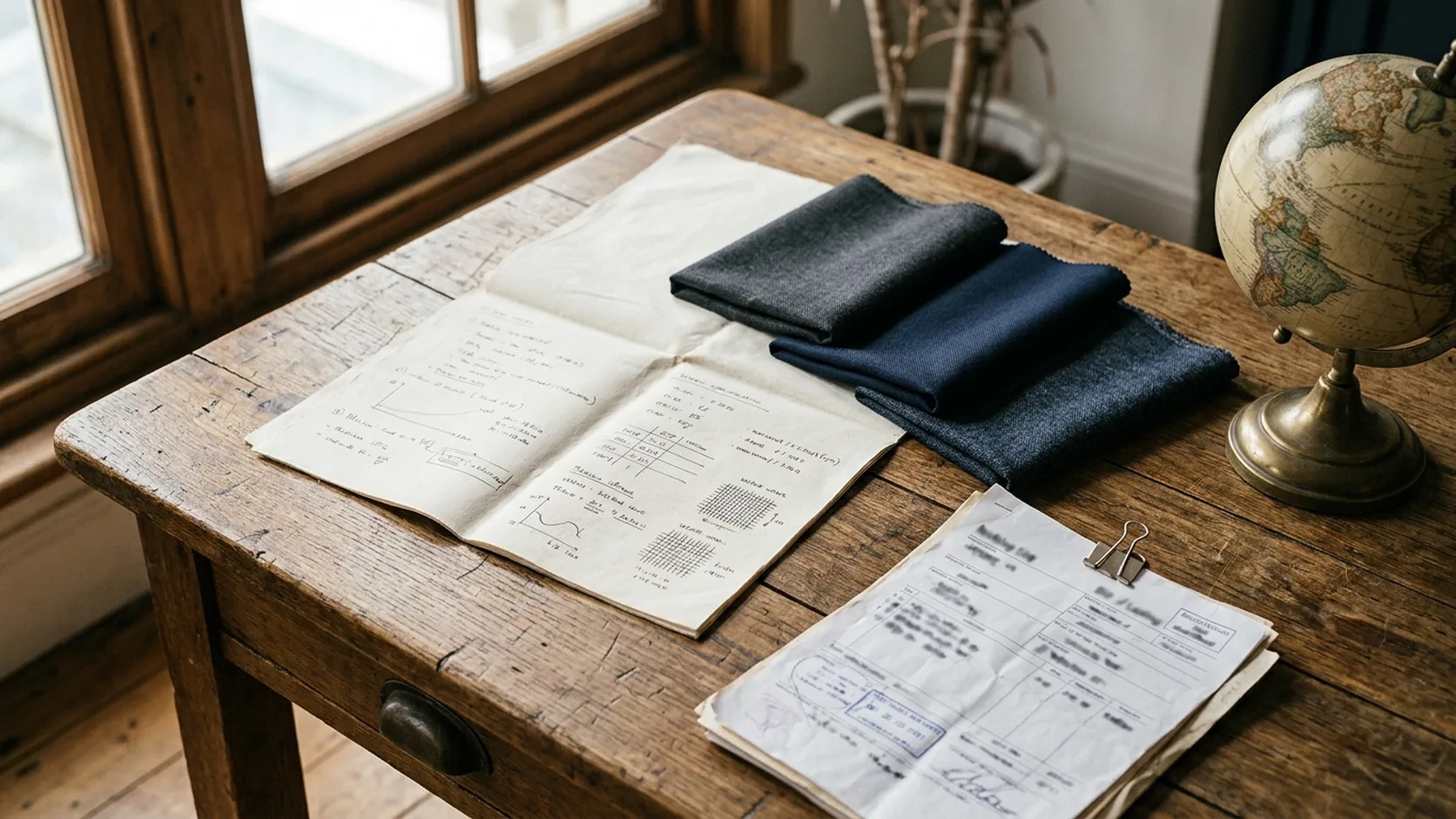 A fabric specification sheet, folded suiting swatches, export shipping documents, and a small desk globe arranged together on a desk, suggesting the coordination behind an international fabric order